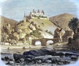 Ruin of Vianden Castle in Luxembourg, 1886, Historic, digitally restored reproduction of a 19th