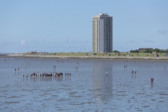 People on the mudflats, high-rise building, Büsum, Schleswig-Holstein, Germany, Europe