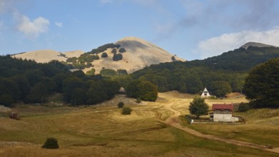 Ski resort in autumn, bare mountain top, building, dry plateau, trees, Madonie National Park,