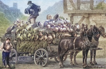 Rhineland trading wagon with many vases and amphorae, dipper wagon, mobile trader, around 1885,