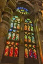 Interior view of the Familia Sagrada by the architect Antonio Gaudi in Barcelona, Spain, Europe