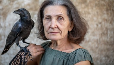 An old woman with a raven, generated with AI