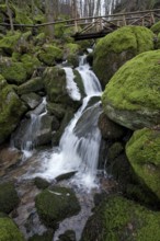 Moss-covered rocks, waterfalls, wooden bridge, Geishöll waterfalls, In der Geishöll, near