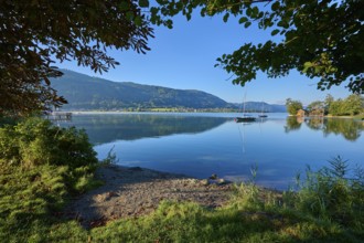 Lakeside, sailboats, boathouse, morning, summer, Steindorf am Lake Ossiach, Lake Ossiach,