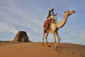 Man riding a dromedar in front of a pyramid of the northern cemetery of Meroe, Nubia, Nahr an-Nil,