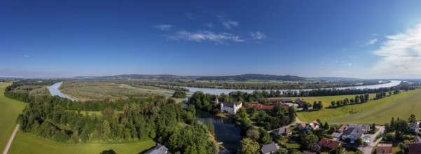 Drone shot, Renaissance castle, Hagenau Castle, Inn, Sankt Peter am Hart, Innviertel, Upper