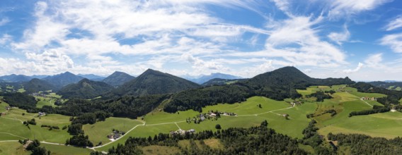 Drone image, agricultural landscape near Weißbach with Nockstein and Gaisberg, Koppl,