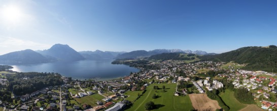 Drone shot, panorama shot, Altmünster am Lake Traun, Salzkammergut, Upper Austria, Austria, Europe