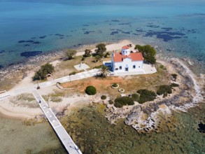 Drone shot, Saint Spiridon Greek Orthodox Church, Agios Spyridon, Elafonisos town, Elafonisos, Deer