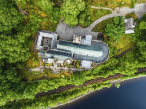 Top Down over St Conans Kirk from a drone, Loch Awe in Argyll and Bute, Scotland, UK