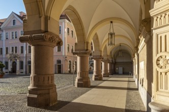 Arcade of New Town Hall building and Hotel Börse, Untermarkt, Görlitz, Goerlitz, Germany, Europe