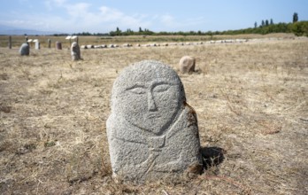 Balbals, historical gravestones in the shape of human faces, near Tokmok, Chuy, Kyrgyzstan, Asia