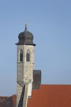 Tower and roof of St John's Church, spire, detail, Rothenburg ob der Tauber, Tauberfranken,