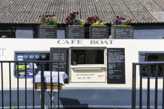 Café in boat, narrowboat, canal boat, restaurant, Llangollen Wharf, Llangollen Canal, Trevor,