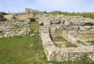 Domus building ruins of Acinipo Roman archaeological site, Ronda la Vieja, Cadiz province, Spain,