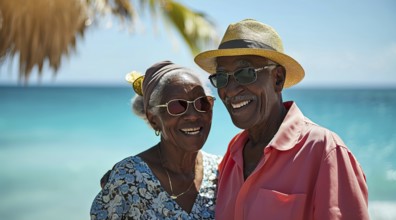 Healthy and happy active senior couple enjoying retirement close to a beach property, AI generated