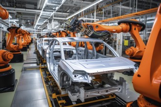 Car factory conveyor belt assemblance line production with robots and artificial intelligence, AI