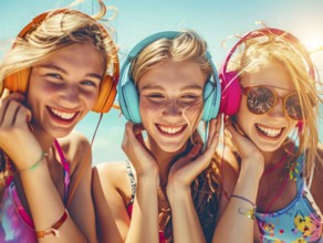 Sexy young ladies listening to modern hip hop and rap music in colorful headphones at party, AI