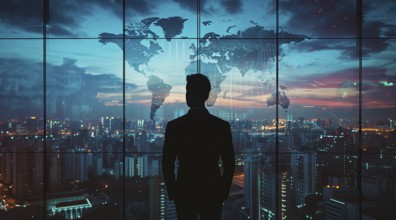 Confident business manager executive overlooking financial center from corporate office, AI