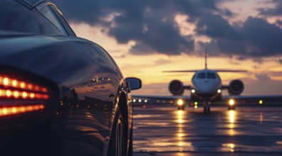 Successful businessman car in front of private airplane ready for luxury business corporate travel,