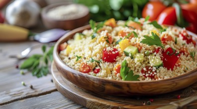 A bowl of couscous with a variety of vegetables and grains, AI generated