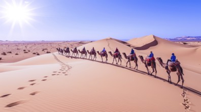 Caravan travelling over dunes in the desert, AI generated