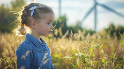 A girl stands in a field of flowers next to a wind farm that produces green sustainable energy, AI