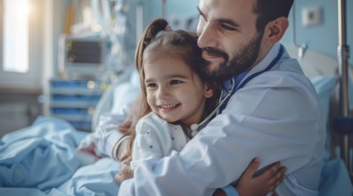 Doctor hugging little girl in hospital room. Smiling young girl being held by a doctor, AI