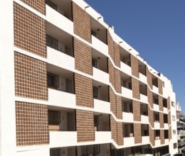 Modern architecture of apartment housing in the town centre of Nerja, Malaga province, Spain,