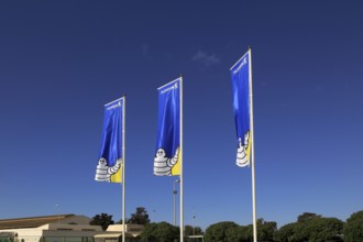 Company flags with logo Bibendum figure flying outside, Michelin factory and research