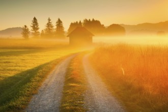 Golden morning light streams through fields of fog and the Rothenthurm high moor, Schwyz,