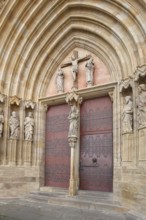 Portal with sculptures of Mary, Jesus on the cross and St John from the UNESCO Erfurt Cathedral,