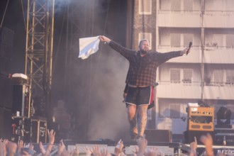 Monchi (Jan Gorkow), singer of Feine Sahne Fischfilet at the Highfield Festival on Saturday,