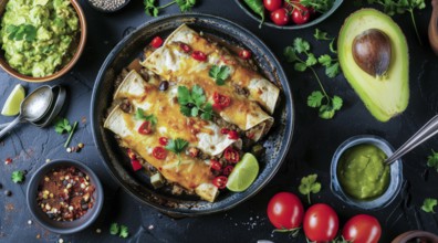 Plate of enchiladas with a side of salsa and guacamole. Wooden table with bowls of various sauces,