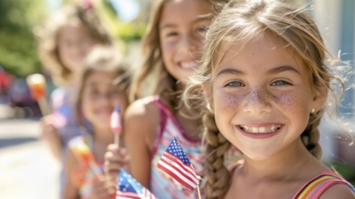 Cute children celebrating the american holiday with friends and family at the parade. generatvie