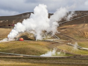 Krafla power plant, pipelines, geothermal energy, Myvatn region, Iceland, Europe