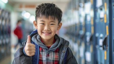 Cute asian school boy giving a thumbs up in the hallway of his school. generative AI, AI generated