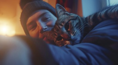 A man taking a selfie with his cat. Concept of warmth and affection between the man and his pet, AI