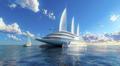 A large white ship of the future running on wind turbines. Concept of ecology friendly green