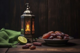 Ramadan lantern with a plate of succulent figs on dark background, set on an ornate table with