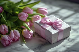 Gift Box with Pink Ribbon Beside bouquet of Fresh Tulips. Background for Valentine day, March 8,