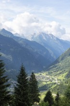 View of the valley below the San Bernardino Pass, San Bernardino, Canton Ticino, Switzerland,