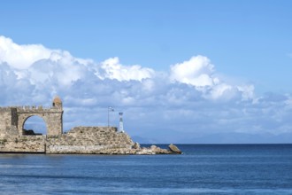 Historic fortress walls, De Naillac Tower, Rhodes Town, Rhodes, Dodecanese, Greek Islands, Greece,