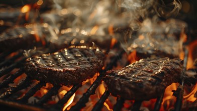 Several beef steaks sizzling on the BBQ. generative AI, AI generated