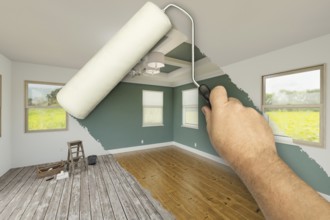 Before and after of man using A paint roller to reveal newly remodeled room with fresh green paint,