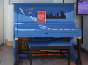 Kansas City, Missouri - A blue piano at the American Jazz Museum. The museum is in the 18th & Vine