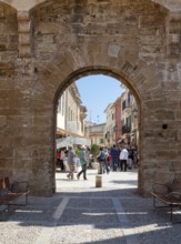 View through the Porta Principal, Alcudia, Majorca, Balearic Islands, Spain, Europe