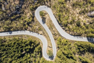 Aerial view of mountain road fv 44 west of Flekkefjord, norwegian southern coast, Norway, Europe