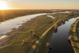 Aerial view of channel Gnevsdorfer Vorfluter and river Elbe at sunset, between Wittenberge and