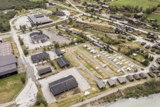 Aerial view of campsite in village Lom, Jotunheimen National Park, Norway, Europe